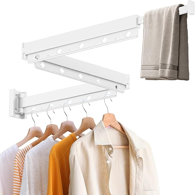 Clothes Drying Rack, Laundry Drying Rack Wall Mount for Bathroom, Retractable and Foldable Clothes Hanging Rack for Indoor, Space Saver for Laundry Room, Balcony, Closet, Bedroom(3-Fold),White