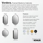 Kohler 35570-BLL Verdera® Framed Bathroom Medicine Cabinet with Mirror, Rectangular Design, Mirrored Interior, Adjustable Glass Shelves, Rustproof, 22 in. W x 34 in. H, Matte Black