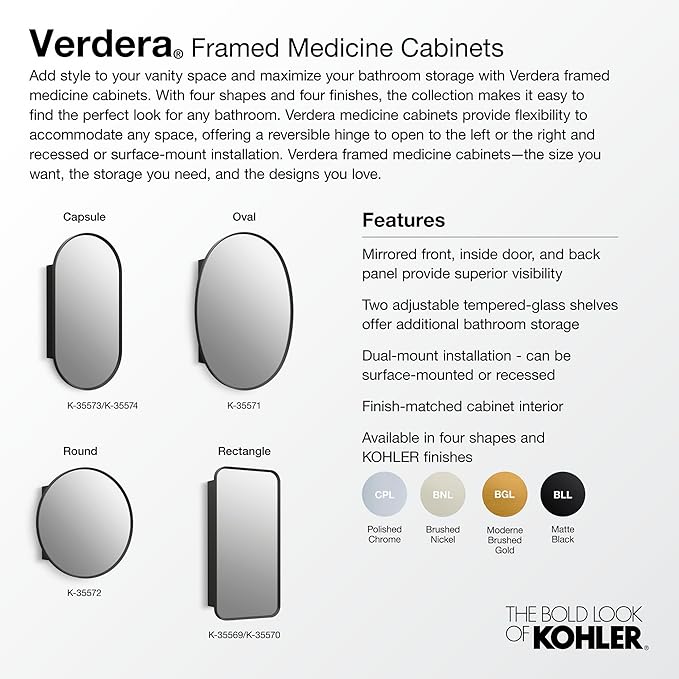 Kohler 35570-BLL Verdera® Framed Bathroom Medicine Cabinet with Mirror, Rectangular Design, Mirrored Interior, Adjustable Glass Shelves, Rustproof, 22 in. W x 34 in. H, Matte Black