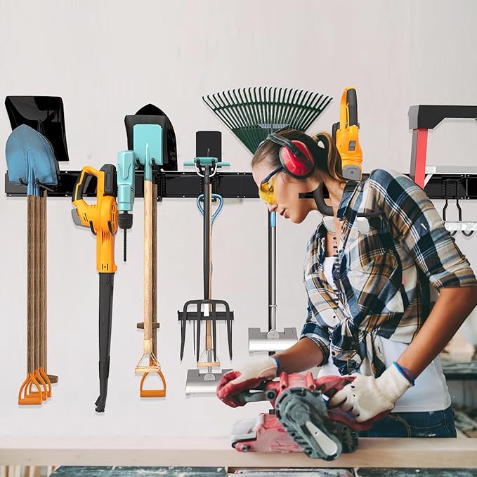 Garage Tool Storage Rack, Heavy Duty Garage Storage Organizer Rack System Wall Mounted Tool with 6 double hooks, 2 rails, Garden Yard Tools Hanger Rack for Ski Gears, Broom, Rake,Shovel