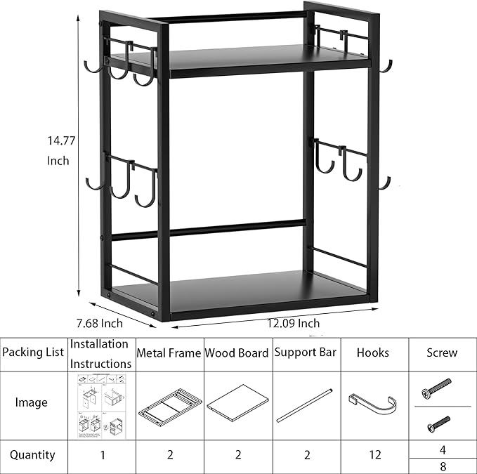 Dorhors 2 Tier Coffee Bar Accessories and Organizer,Multi-functional Mug Holder with 12 Hooks,Wood Coffee Station Organizer,Kitchen Countertop Shelf (Black)
