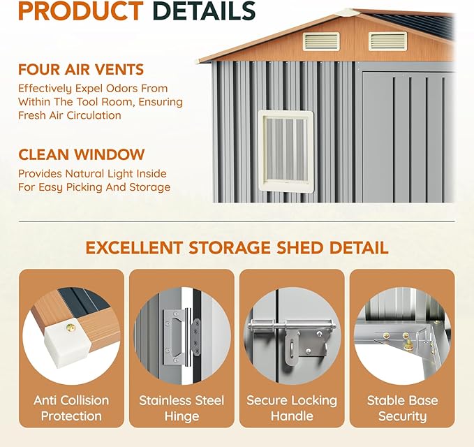 6x4FT Multi-used Shed & Outdoor Storage Shed, Steel Tool Shed with Lockable Doors,Window,Vent,Compact Metal Tool Garden Shed for Garden, Backyard, Patio, Lawn and Various Storage(Matte Gray)