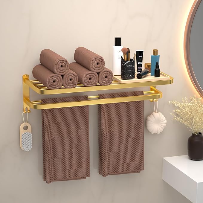 DDS-DUDES 23 Inch Gold Bathroom Towel Rack Towel Shelf with Double Towel Bars Lavatory Wall Mount Holder with Hooks Golden Stainless Steel Hotel Bath Rack