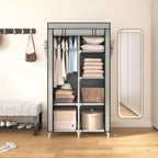 ROJASOP Portable Closet Wardrobe Closet for Hanging Clothes with 6 Storage Shelves, 1 Hanging Rod and 4 Pockets, Clothes Organizer and Storage Wardrobe Free Standing Closet for Bedroom, Grey