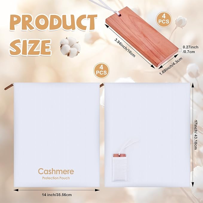 4 Pack Cashmere Storage Bags with 4 Cedar Blocks, Cotton Sweater Garment Storage Pouches with Natural Cedar for Odor Control, Closet Drawer Seasonal Clothing Organizer,17 x 13.5 Inch