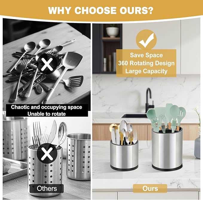 2Pack Kitchen Utensil Holder Set - 360° Rotating Stainless Steel Large Cooking Utensil Stand for Counter, 3 Compartment Flatware Caddy with Removable Base for Knife, Fork & Spoon Organizer - Sliver