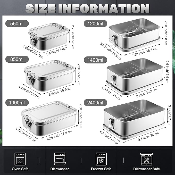 Umigy 6 Pcs Stainless Steel Food Containers 550/850/1000/1200/1400/24000 ml Metal Bento Lunch Box Stainless Steel Food Storage Containers, Lockable Clips to Leak Proof, Reusable Dishwasher Snack Box