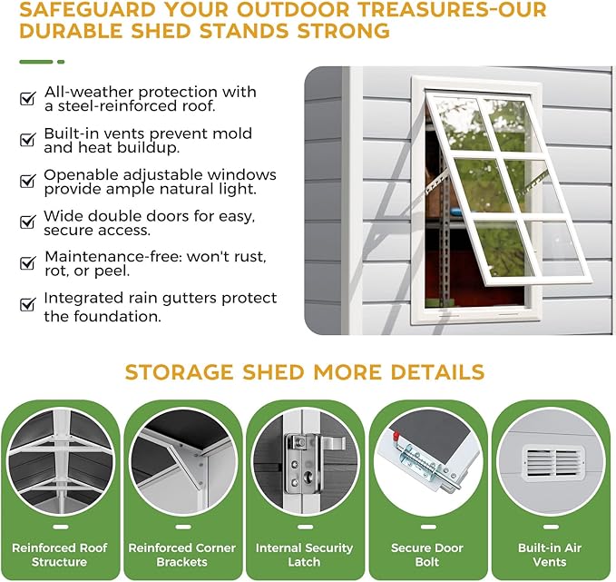 10x8 FT Resin Plastic Shed with Floor, Heavy-Duty 21-Gauge Reinforced Steel Frame, 16mm Ultra-Thick Panels, Outdoor Storage Sheds with Awning Windows and Air Vents