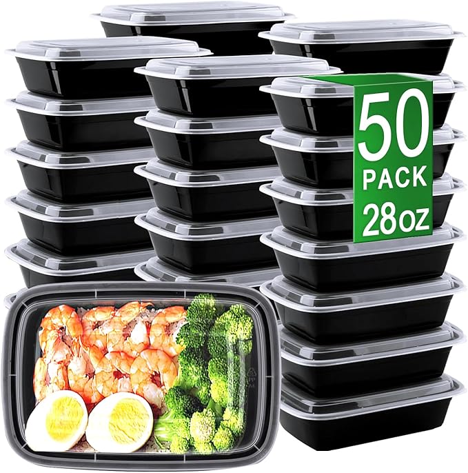 Meal Prep Containers, 50 Pack 28oz (100-Piece) Disposable Take Out Food Storage Containers with Leakproof Lids, Reusable Plastic To Go Lunch Boxes, BPA Free, Microwave/Dishwasher/Freezer Safe