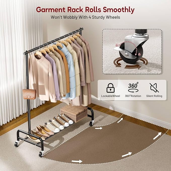 SLEEPING LAMB Heavy Duty Clothing Racks for Hanging Clothes Rack, 43" Wide Rolling Garment Rack Metal Clothing Hanger Rack with Wheels Wardrobe Rack for Coats, Shirts, Dress, (Black)