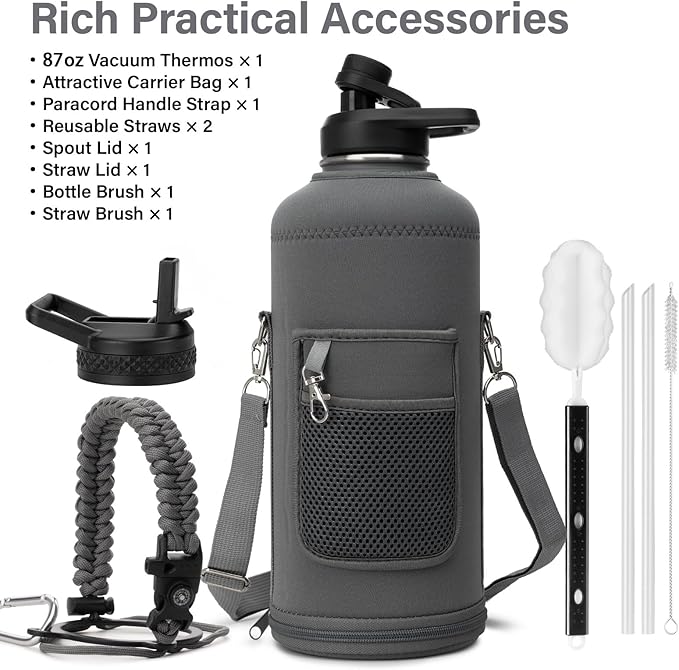 Insulated Water Bottle | Thickened Stainless Steel for Gym and Hiking with Straw, Carrier Bag, Handle Strap | BPA-Free 87 oz