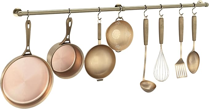 ROTHLEY Hanging Pot Rack Hanger: 39.4 Inch Stainless Steel Pot and Pan Hanger Pot Rack Wall Mounted Hanging Pots and Pans Rack Pot Hangers for Kitchen Wall Kitchen Rail with Hooks (Antique Brass)