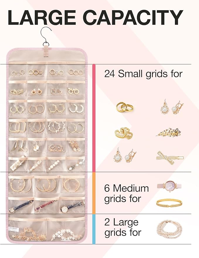 BAGSMART Hanging Jewelry Organizer Storage Roll with Hanger Metal Hooks Double-Sided Jewelry Holder for Earrings, Necklaces, Rings on Closet, Wall, Door, 1 piece, Large, Pink