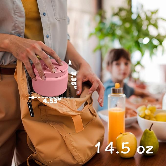 14.5oz Soup Thermo for Hot Food Kids Vacuum Insulated Food Jar Twist-Free Soup Thermo for Hot Food Kids Leakproof Stainless Steel Wide Mouth Lunch Container (Pink)