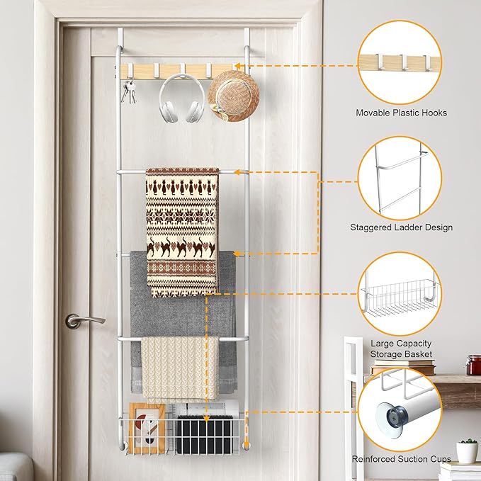 Over The Door Towel Rack,5-Tier Over Door Towel Racks for Bathroom,Towel Rack with Hooks and Basket Door Hanging,Blanket Ladder for Living Room White
