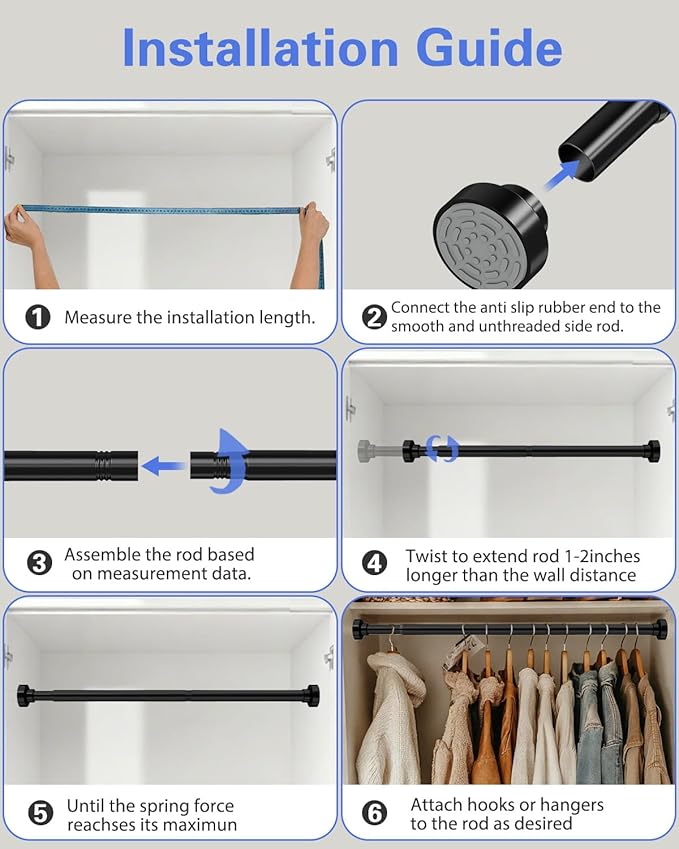 2 Pack No Drilling Closet Rods for Hanging Clothes, Non Slip Tension Rod with Heavy Duty Clothes Hanging Rod, 17-39 Inches Adjustable Spring Closet Rod for Closet Wardrobe Bathroom RV, Black