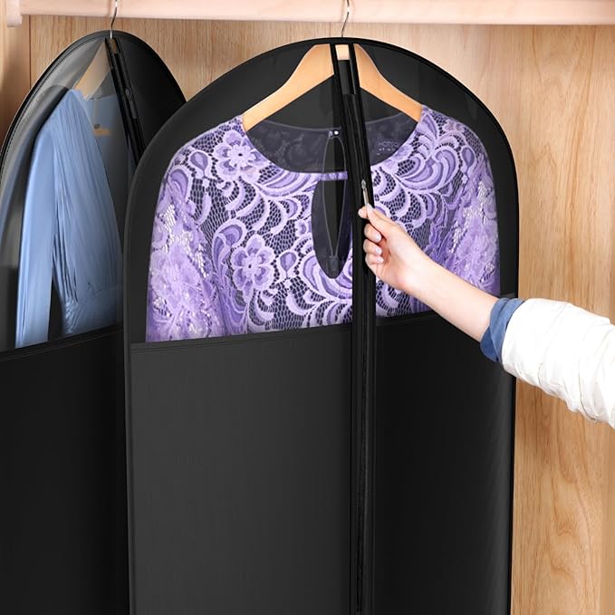 Univivi Long Garment Bags for Hanging Clothes, 65" Dress Bags for Gowns Long for Closet Storage with Large Visible Window for Long Suits, Coats, Dresses, 3 Pack, Black