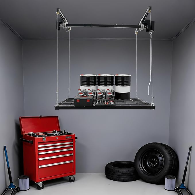 Ceiling Mount Garage Storage Rack 48x48 Inch, 300lbs Capacity Overhead Lifting Storage Rack with Adjustable Height up to 79 Inch, Heavy Duty Carbon Steel for Garage Warehouse Tool Storage, Matte Black
