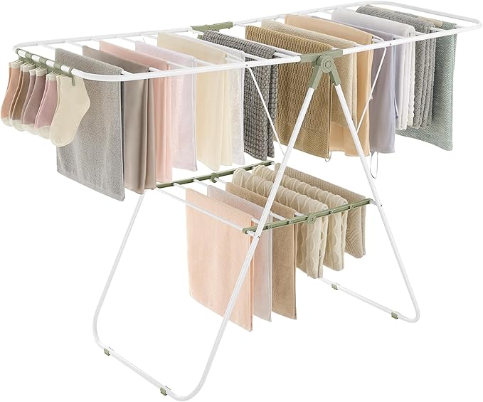 SONGMICS Clothes Drying Rack, with Sock Clips, Metal Laundry Rack, Foldable, Space-Saving, Free-Standing Airer, with 2 Height-Adjustable Gullwings, Indoor Outdoor Use, White and Green ULLR052C01