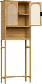 Bamboo Over-The-Toilet Storage Shelf with Inverted U-Shaped Doors, Rattan Surface Bathroom Freestanding Space Saver Organizer with Shelves, Natural