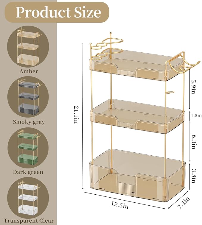 Bathroom Counter Organizer with Hair Dryer Holder, Hair Tool Countertop Storage, Cosmetics Skincare Shelf Organizer, Makeup Organizer Perfume for Dresser Vanity Tray(3 Tier-Gold)