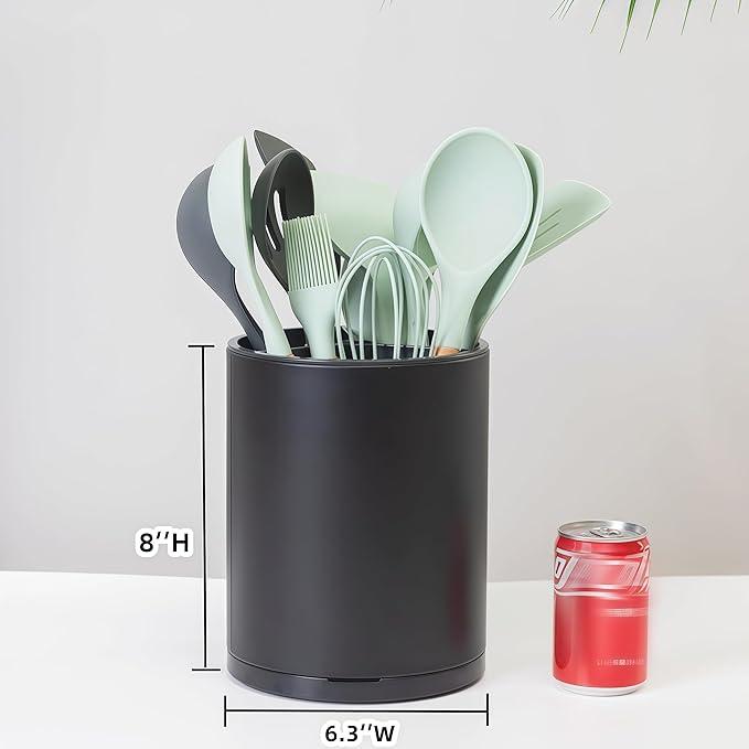 Kitchen Utensil Holder Extra Large 360°Rotating For Counter Organizer Stainless Steel Storage Cooking Silverware Caddy 3 Compartment Flatware Spoon Spatula Tool Cutlery Container（Black）