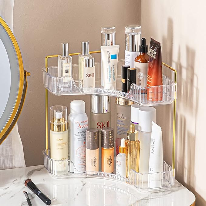 2-Tier Corner Bathroom Counter Organizer – Classic Storage Shelf for Makeup, Perfume & Toiletries, Space-Saving Countertop Tray Fits Bathroom, Dresser, Kitchen (Classic White)