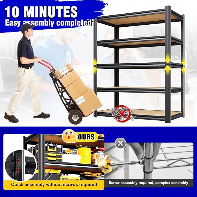78"H Garage Shelving 2050 lbs Heavy Duty 5-Tier Storage Shelves, 46"W x 20"D Extra Large Metal Shelving Unit, Adjustable Utility Steel Rack for Industrial Warehouse, Shop, Pantry, Basement, Black