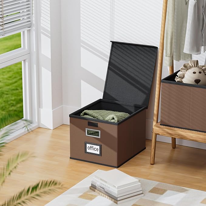 Huolewa File Organizer Boxes with Lids, Collapsible Faux Leather Hanging File Folder Box Organizer with Plastic Slide, Decorative Home/Office Filing System Boxes for File and Folders Storage