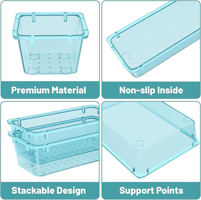 WOWBOX 40 PCS Plastic Drawer Organizer Set, 4 Sizes Desk Drawer Organization and Storage Containers for Makeup, Cosmetics, Jewelry and Gadgets in Kitchen, Bathroom, Bedroom, Office, Clear Sea Blue