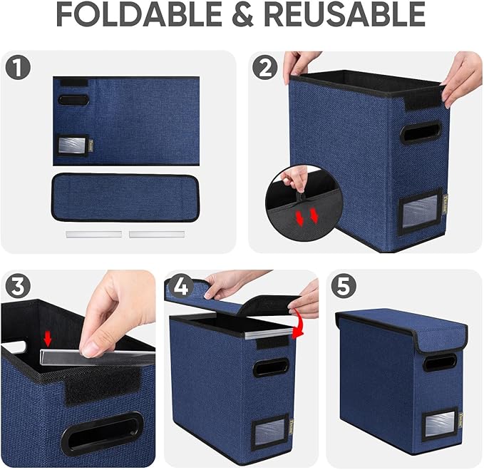 BALEINE File Organizer Box with Lid, Collapsible File Folder Organizer with Plastic Slide, Hanging File Folder Box for Office Document Storage (1 Pack, Blue, S)