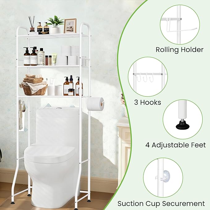 3-Tier No-Drill Over Toilet Storage Rack - White Metal Bathroom Organizer with Hooks & Paper Holder for Small Space