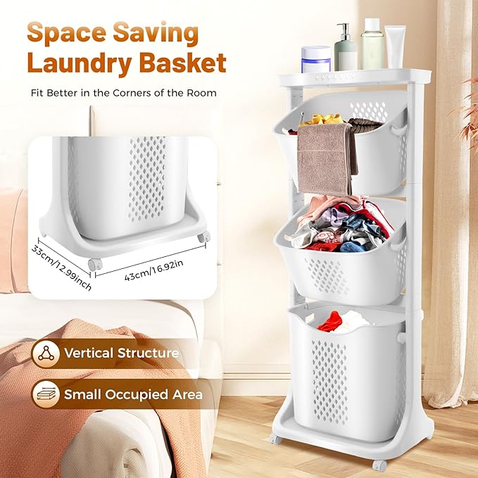 Laundry Hamper Basket Sorter, 3-Tier PP Laundry Sorter Cart with 4 Wheels, 16.92x12.99x42.91in Removable Rolling Laundry Baskets, Practical Handle, Porous Design, 1 Large and 2 Small Baskets, White
