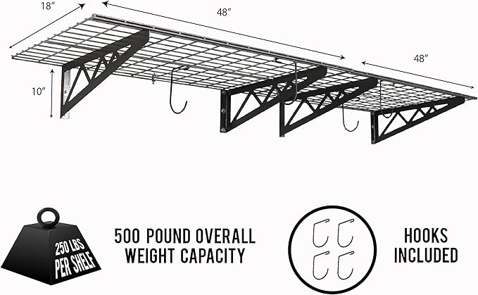 SafeRacks Wall Shelves - 2 Pack of 18 x48 Garage Wall Mounted Shelving, Wire Storage Racks, Utility Shelf, Heavy Duty Shelves with 4 Accessory Hooks, 500lbs Capacity, Color: Hammertone