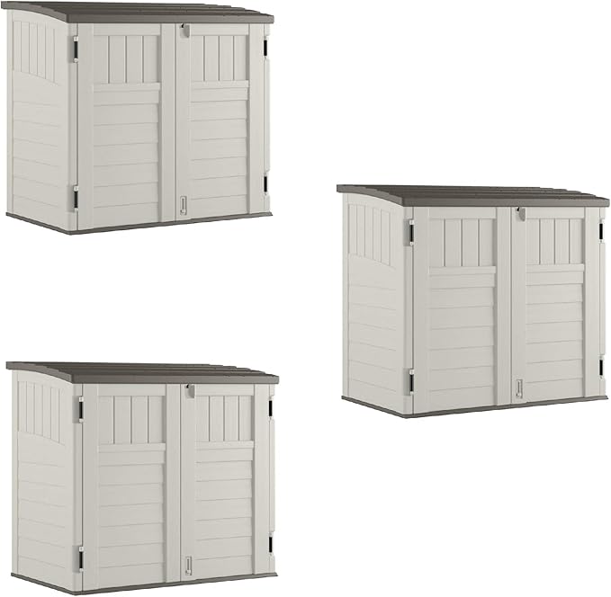 Suncast 3 Pack 34 Cu Ft Capacity Horizontal Outdoor Storage Shed for Garbage Cans, Garden Accessories, Backyard, and Patio Use, Vanilla