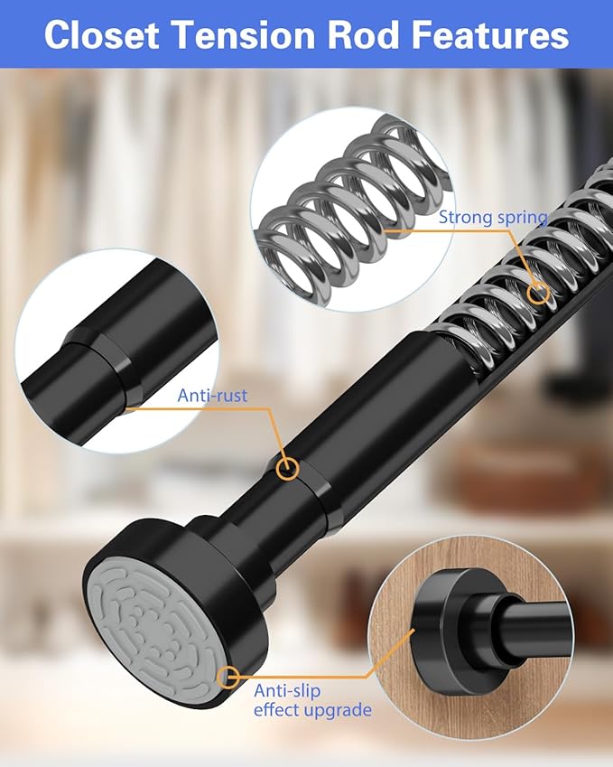 2 Pack No Drilling Closet Rods for Hanging Clothes, Non Slip Tension Rod with Heavy Duty Clothes Hanging Rod, 17-39 Inches Adjustable Spring Closet Rod for Closet Wardrobe Bathroom RV, Black