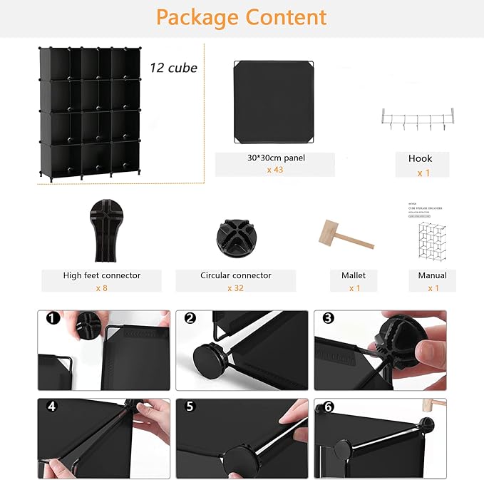 AWTATOS Cube Storage Organizer Closet Storage Shelves DIY Stackable Plastic Storage 12 Cube Bookshelf, Ideal Storage Organizer for Closet, Home, Bedroom, Black