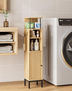Bathroom Storage Cabinet,Small Corner Floor Cabinet with 2 Hook,Narrow Tall Toilet Paper Cabinet with Adjustable Shelves,Bathroom Organizer for Living Room,Small Spaces (Wave, Oak-37''H)