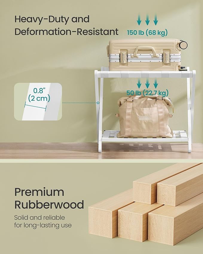 SONGMICS Solid Wood Luggage Racks, Set of 2, No Assembly Required, Foldable Suitcase Stand, Luggage Holder, with Storage Shelf, for Guest Room, Hotel, Bedroom, Cloud White URLR021W01