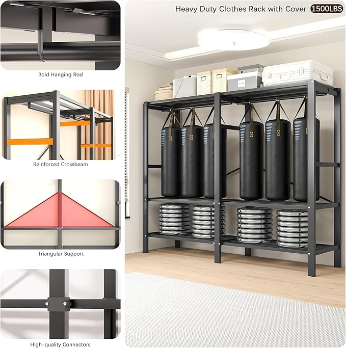 Heavy Duty Portable Closet with Cover Magnetic Doors, Metal Rolling Clothes Rack Heavy Duty 1500LBS, Foldable Clothing Rack, Garment Racks for Bedroom/ LivingRoom/ Rental (KT Woodgrain Gray, 66.14in)
