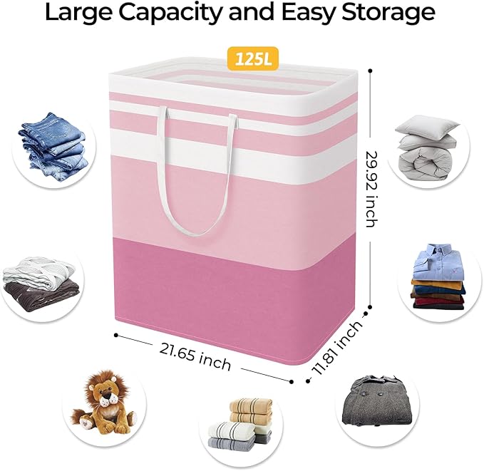 HomeHacks 2 Pack Large Laundry Baskets, Waterproof, Freestanding Laundry Hampers, Collapsible Clothes Hamper with Reinforced Handles in Laundry, College Dorm, Bathroom, Bedroom (Grey+Pink, 125Lx2)