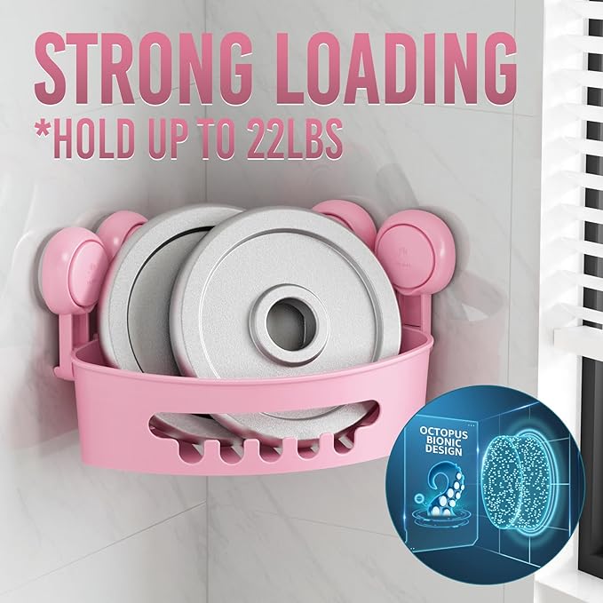 TAILI Corner Shower Caddy with Suction Cups, Wall Mounted Organizer Plastic Rack for Small Bathrooms, Kitchen, Removable Drill-Free Heavy Duty Shelf Basket, PINK