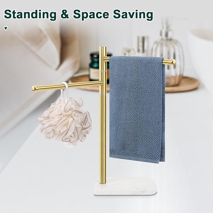 Hand Towel Holder, F-Shape Hand Towel Stand with Marble Base, Stainless Steel Swivel Hand Towel Rack Bar Standing for Bathroom Kitchen Countertop, 2 Arms (Gold)