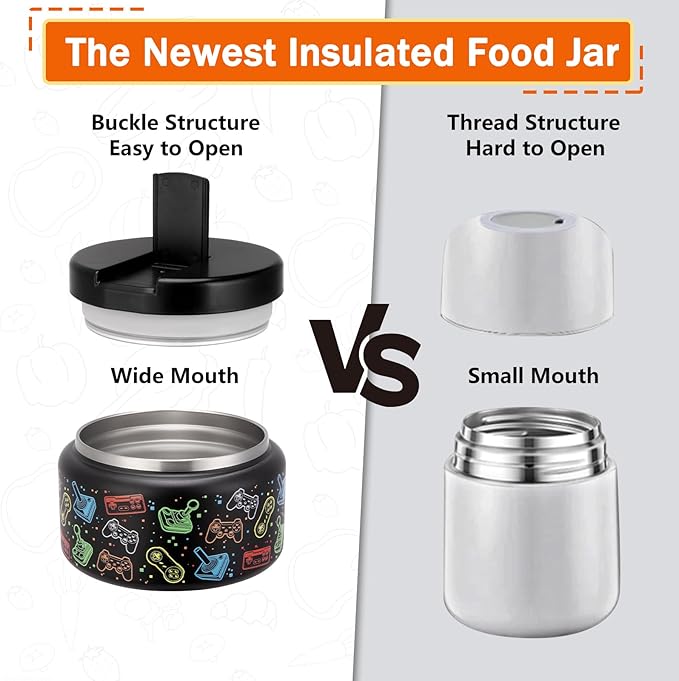 13.5oz Kids Soup Jar for Hot Food Vacuum Insulated Food Jar with Buckle Lid, Stainless Steel Wide Mouth Leak Proof Lunch Container for School Picnic Travel (Game Black)