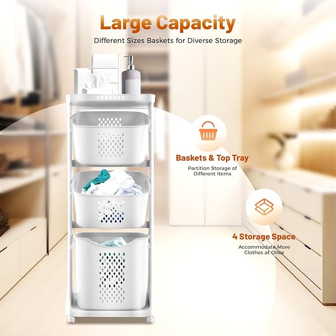 Laundry Hamper Basket Sorter, 3-Tier PP Laundry Sorter Cart with 4 Wheels, 16.92x12.99x42.91in Removable Rolling Laundry Baskets, Practical Handle, Porous Design, 1 Large and 2 Small Baskets, White