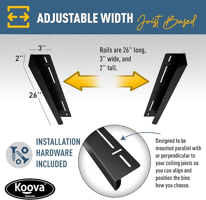 Koova Heavy-Duty Overhead Garage Storage Rack for 9 Bins. Adjustable Width, 360lb Capacity. DIY Safe Mount, Easy Install. Fits 27-Gallon Totes. USA Made Pro-Grade Steel. Space Saving Organizer