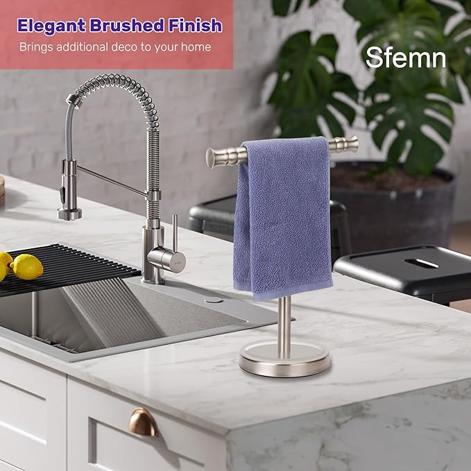 Hand Towel Holder Stand for Bathroom Vanity Countertop SUS304 Stainless Steel T-Shape Free Standing Towel Rack Stand Towel Bar for Bathroom Kitchen (Brushed Nickel)