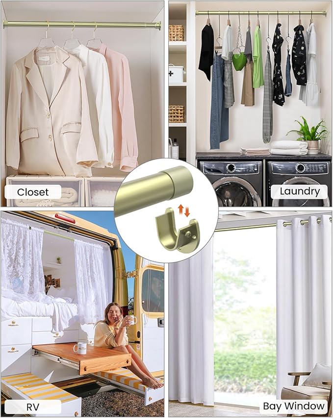 Closet Rods for Hanging Clothes, 17 to 99 Inches Stepless Adjustable Metal Closet Rod, 1.3 Inches Heavy Duty Clothes Hanging Rod for Closet Wardrobes Laundry RV, Verdant Gold