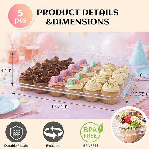 (24 Count x 5 Sets Plastic Cupcake Containers with Liners, Clear Cupcake Holder with Lids, Disposable Cupcake Carrier for Bakery, Cupcake Storage Box for Parties, Bake Sale Packaging