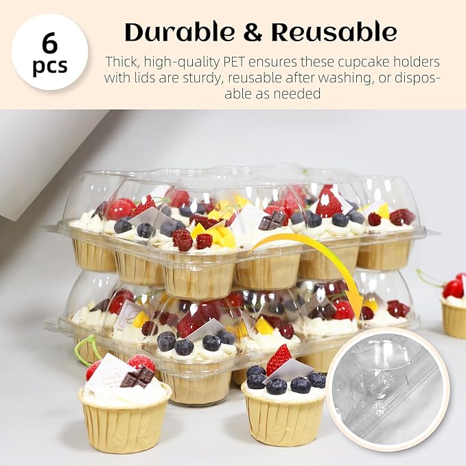 12 Count x 6 Sets Plastic Cupcake Containers, Durable and BPA-Free Cupcake Holder with Lid for Easy Transport Storage, Stackable Clear Cupcake Carriers, Reusable Dessert Boxes